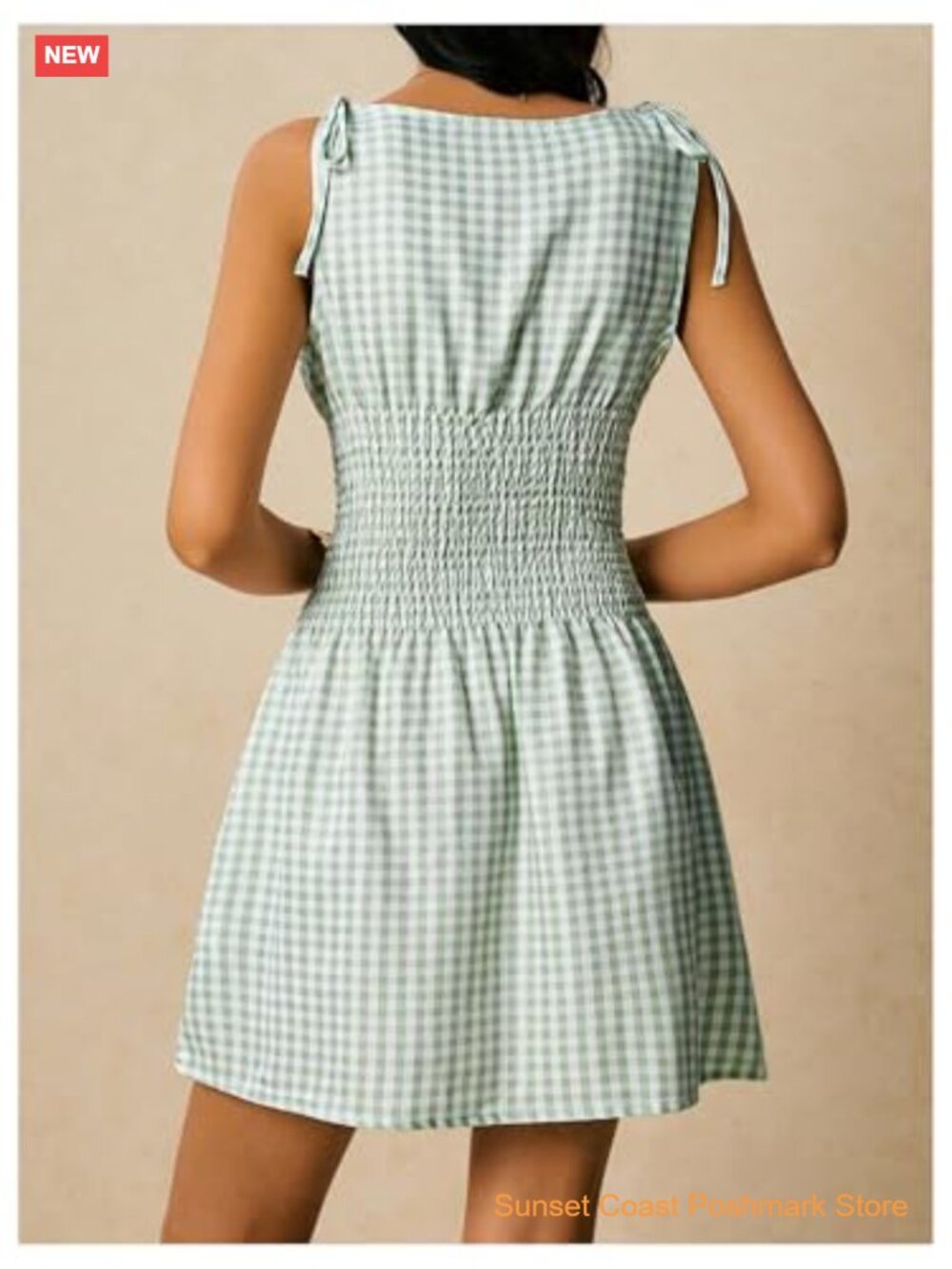 Tie Shoulder A Line Gingham Checkered Dress Boat Neck Sleeveless Mini - Picture 2 of 6